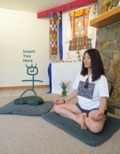 stick cartoon meditator drawn on a cushion - insert you here