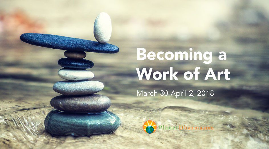 Becoming a work of Art meditation retreat banner - stones piles on sand, zen style